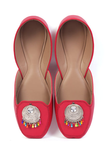 Cherry Red Jutti with Multicolor German Silver Accents